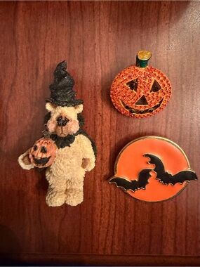 Halloween Trio Set Lia marked Bat Pin ,Orange Rhinestone lapel and Teddy pin